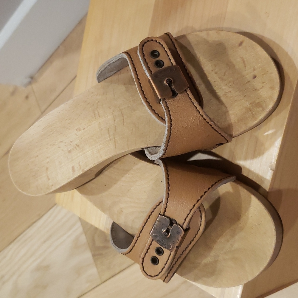 Vintage 70s Tan Dr Scholl's Wood leather buckle exercise Original Austria sz 6